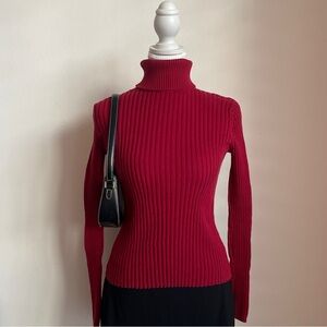 Vintage 90s Red Turtleneck Sweater Ribbed Dark Academia Model Off Duty City Girl